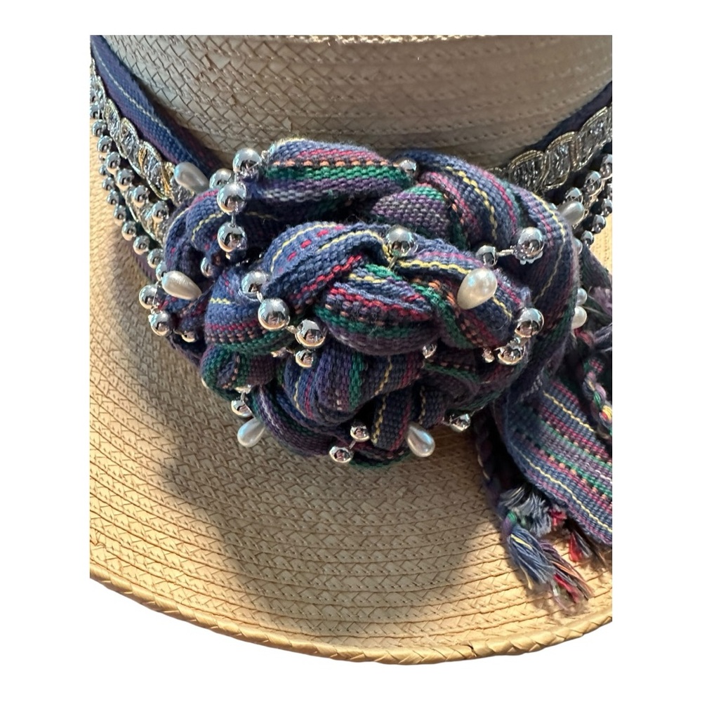 Vintage La Giralda Guatemalan Palm Leaf Hat Beaded Maya Folk Festival Boho Style - Picture 2 of 14